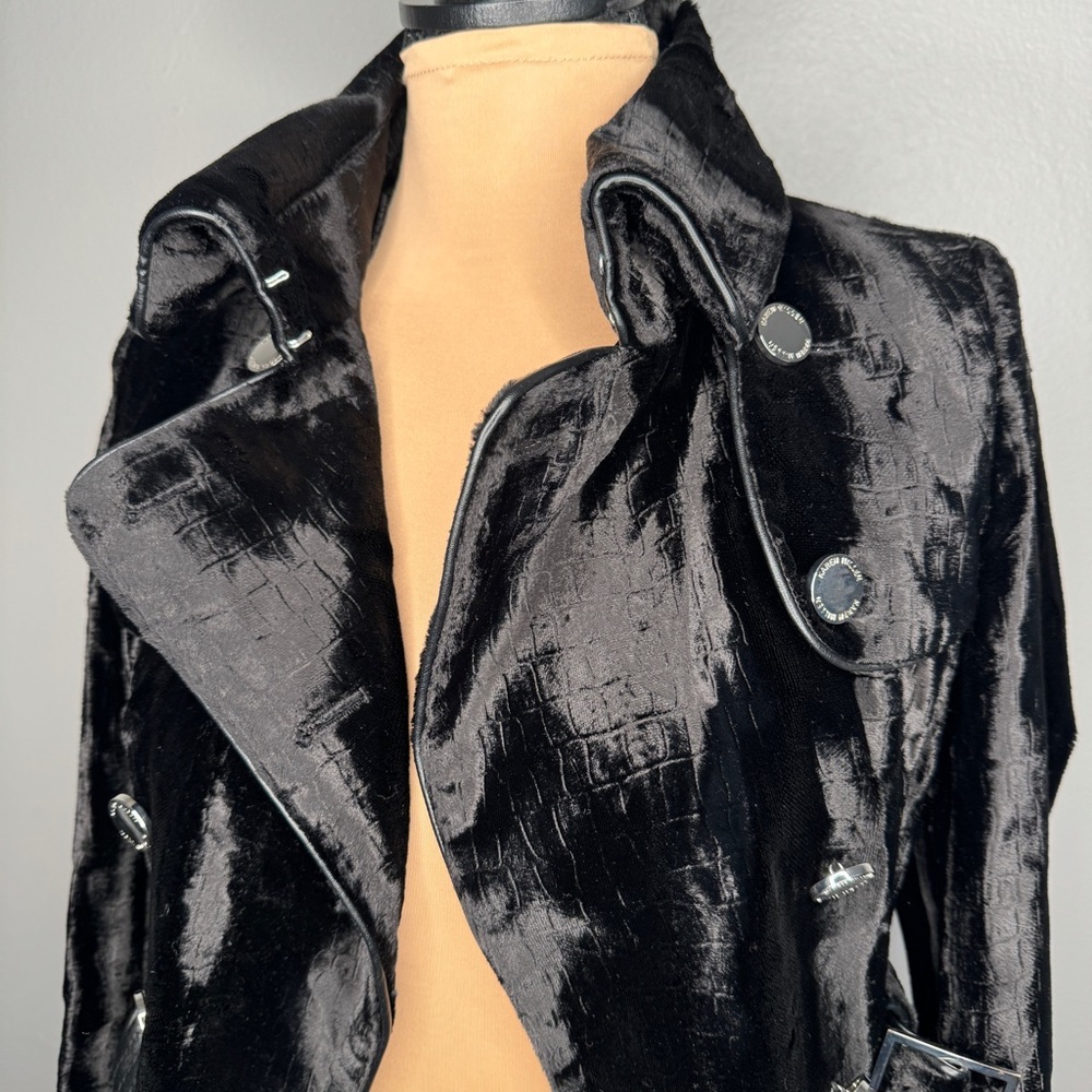 Karen Millen Black Glossy Faux Fur Trench Coat Silver Belted Lined Mob Wife - Picture 14 of 17